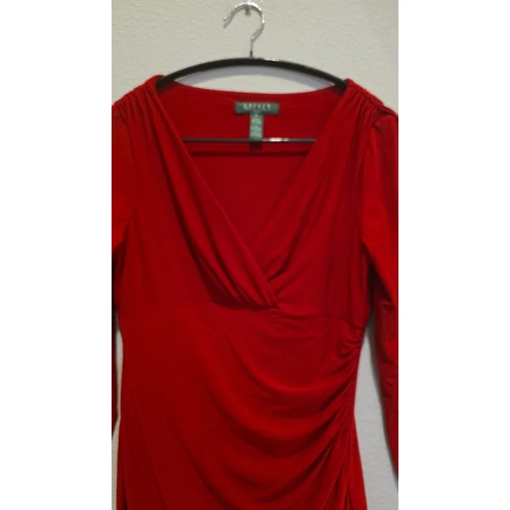 Lauren Ralph Lauren Red Ruched V-Neck Sheath Dress Womens Size 2 3/4 Sleeve - Picture 3 of 9